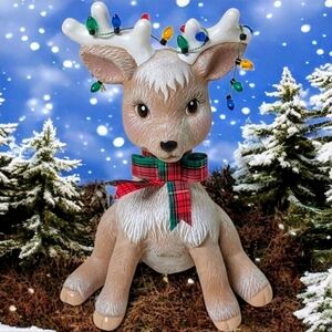 Vintage 80's Handpainted Ceramic Sitting Reindeer. Lights In Antlers. Plaid Bow.